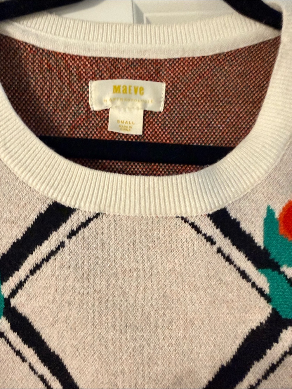 Maeve Cream Crewneck Sweater with Red Rose & Black Grid - Picture 2 of 3